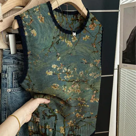 1pc Women's Spring/Summer Back-to-School Loose Crew Neck Casual Soft Sleeveless Knit Top -Dark Blue Trim,Color-Block Blue Tie-Dye Patchwork Branch Print, Vintage Tops, Vest-Layerable Sleeveless Fashion Apparel