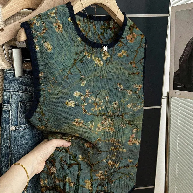 1pc Women's Spring/Summer Back-to-School Loose Crew Neck Casual Soft Sleeveless Knit Top -Dark Blue Trim,Color-Block Blue Tie-Dye Patchwork Branch Print, Vintage Tops, Vest-Layerable Sleeveless Fashion Apparel