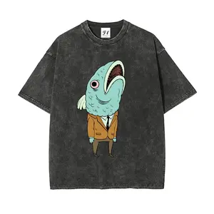 Business suit merman illustration Grotesque style Unisex Plus Size Summer Graphic Tees Personalized Pattern Y2k Clothing Round Neck Short-Sleeved Washed T-Shirt,Women's Clothing 100% Cotton, Menswear, Top, Vintage Style, Casual Oversized