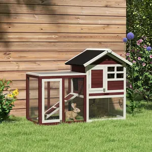 49" Wooden Rabbit Hutch Bunny Cage with Waterproof Asphalt Roof, Fun Outdoor Run, Removable Tray and Ramp, for Rabbits, Chickens, Ducks