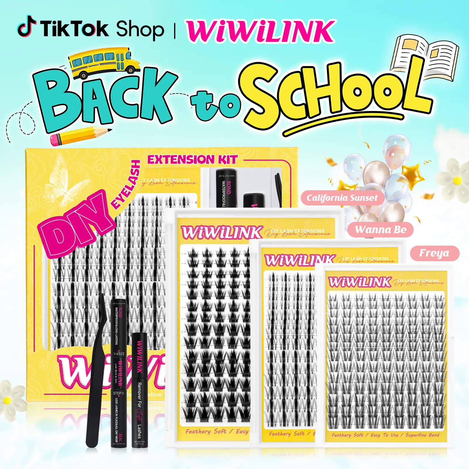 WiWiLINK Sunset Wanna Be Freya Manga Lashes Cluster C D Curl DIY Lash Extension Kit and Lash Clusters 8-18mm with Bond Seal and Remover - Ultra-Thin Transparent Bands, Lash Magic Anime False Lash Extension Kit Makeup Cosmetic Makeup Individual Eyelash