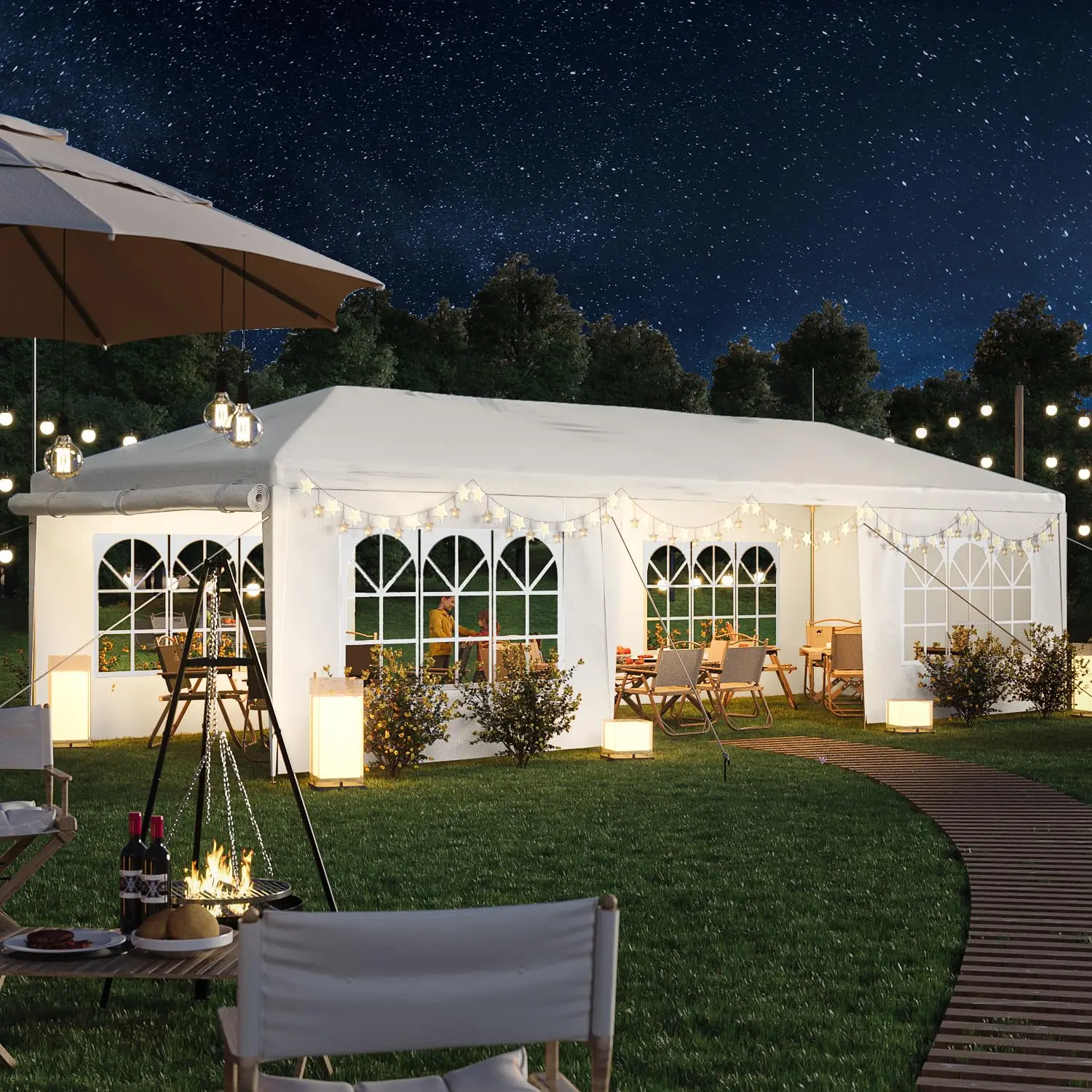 10 x 30 Outdoor Canopy Tent, Party Tent with Thickened Steel Tube, 5 Removable Sidewalls, Stakes & Ropes, Heavy Duty Event Tents for Parties, Outside Waterproof Wedding Canopy for Birthday, Holiday 10'x30' Outdoor Party Tent with 8 Removable Sidewalls