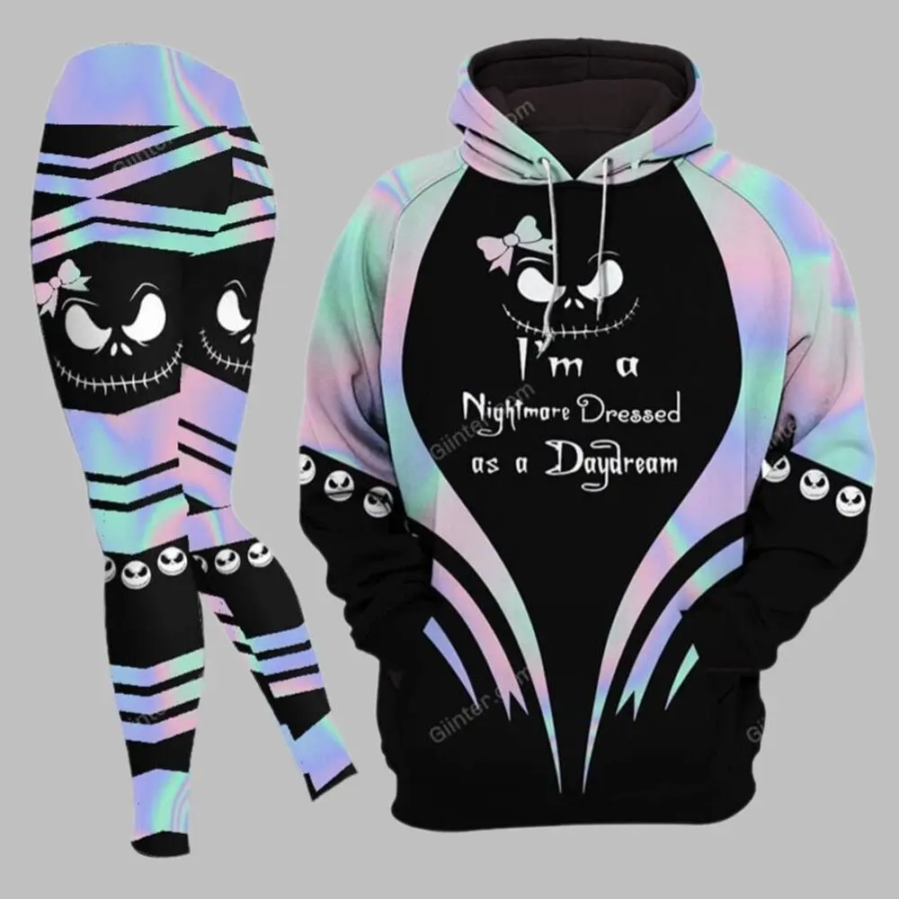 Gothic Skeleton Face Hoodie and Leggings Set for Women – Halloween 3D All Over Print Hooded Sweatshirt & High Waist Leggings, Spooky Matching Outfit