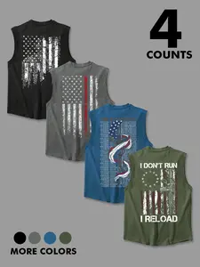 4-Pack Men's Patriotic Sleeveless Tank Tops, Distressed US Flag Graphic Print Casual Muscle Shirts, Breathable Summer Outdoor Fitness Workout Tees for Men