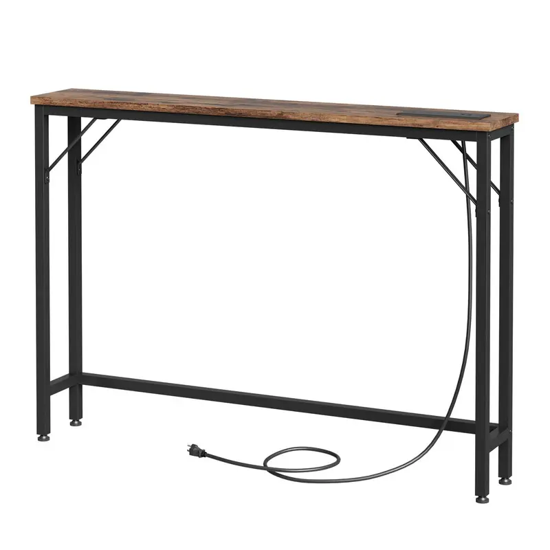 【Christmas Gift】Freestanding Brown Slim Industrial-Style Console Table with Built-In Outlets, Narrow Side Table for Small Spaces Behind Couch, Living Rooms, Entryways