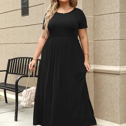 Women's Round Neck Stretchy Casual Long Plus Size Dress Piece, Perfect for Bridesmaids, Vintage Style Wedding & Party Wear, Comfortable Fabric