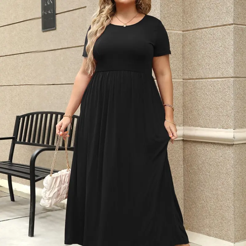 Women's Round Neck Stretchy Casual Long Plus Size Dress Piece, Perfect for Bridesmaids, Vintage Style Wedding & Party Wear, Comfortable Fabric