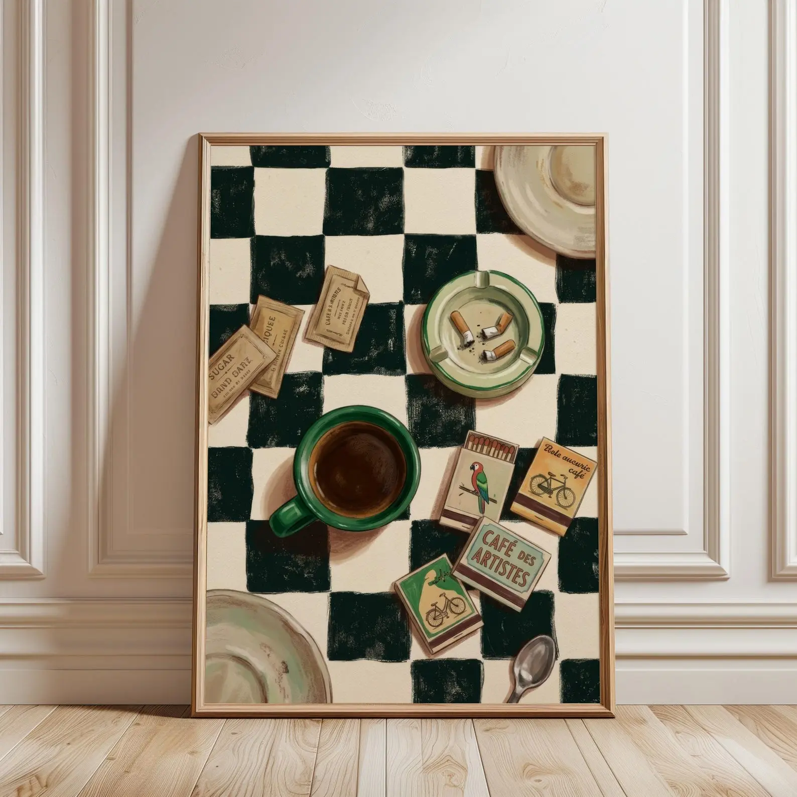 Maximalist Kitchen Wall Art, Espresso and Matchbook Still Life Painting, Retro European Cafe Poster, Moody Checkerboard Coffee Bar Print