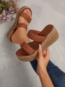Tropical Style Women's Woven Cross Strap Wedge Sandals, Vintage Slip on Heels, Height Increasing Casual Shoes