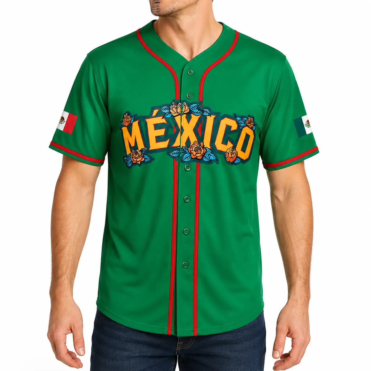 Mexico Floral Graphic, Unisex Baseball Jersey Shirt，Cultural Festival Outfit, Vacation, Party Wear, Streetwear & Daily Casual Style，cultural streetwear，，summer festival top，clothes,outfits,men'swear,men fashion, summer menclothes,fashion men clothes, Jers