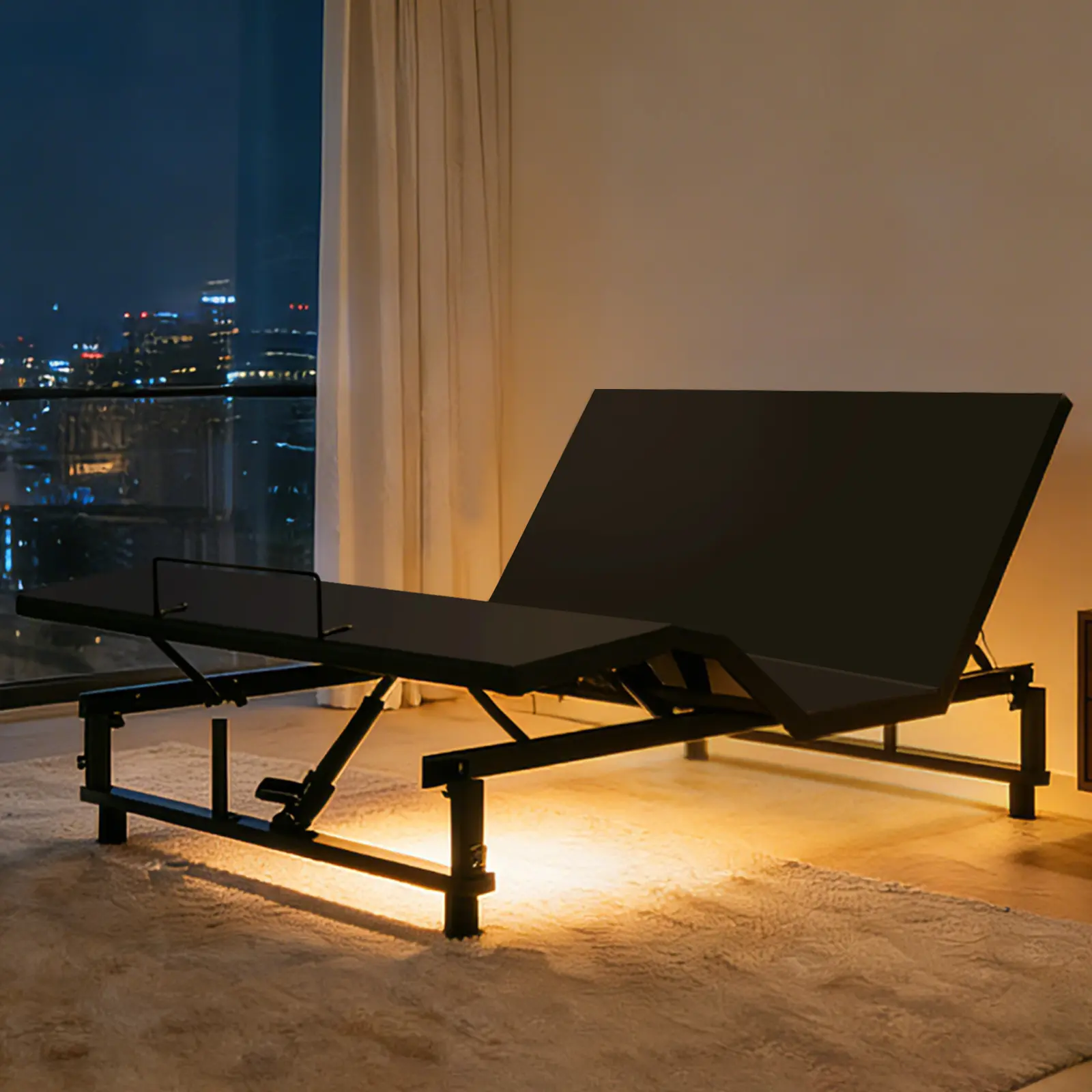 Eyisean Queen-King Size Modern Metal & Wood Bedroom Bedframe, Electric Height Adjustable Bed Base with Head & Foot Incline, Quiet Motor System, Remote Control, USB Port, Zero Gravity Setting, Under-Bed Nightlight, Steel, Assembly Required