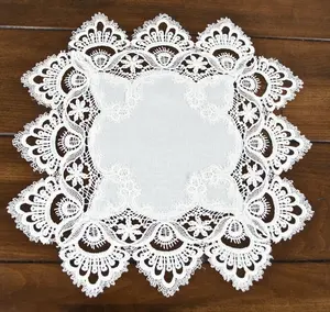 Linens Art And Things - White European Lace and Antique Jacquard Fabric Doily, Placemat (14"/ 14"x21")