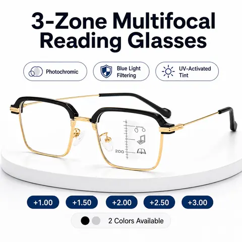 Multifocal Reading Glasses for Men Women, 3-Zone Lens Design, Lightweight Everyday Eyeglasses with Blue Light Blocking & UV400 Protection Semi-Rimless Black Gold Frame for Work Travel & Everyday Use, Available +1.00 to +3.00