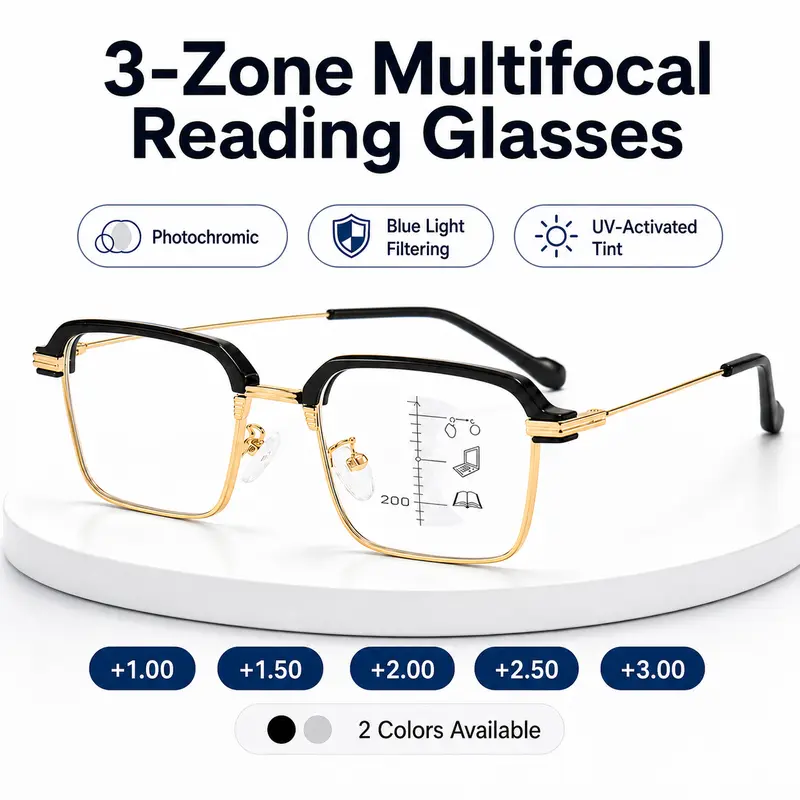 Multifocal Reading Glasses for Men Women, 3-Zone Lens Design, Lightweight Everyday Eyeglasses with Blue Light Blocking & UV400 Protection Semi-Rimless Black Gold Frame for Work Travel & Everyday Use, Available +1.00 to +3.00