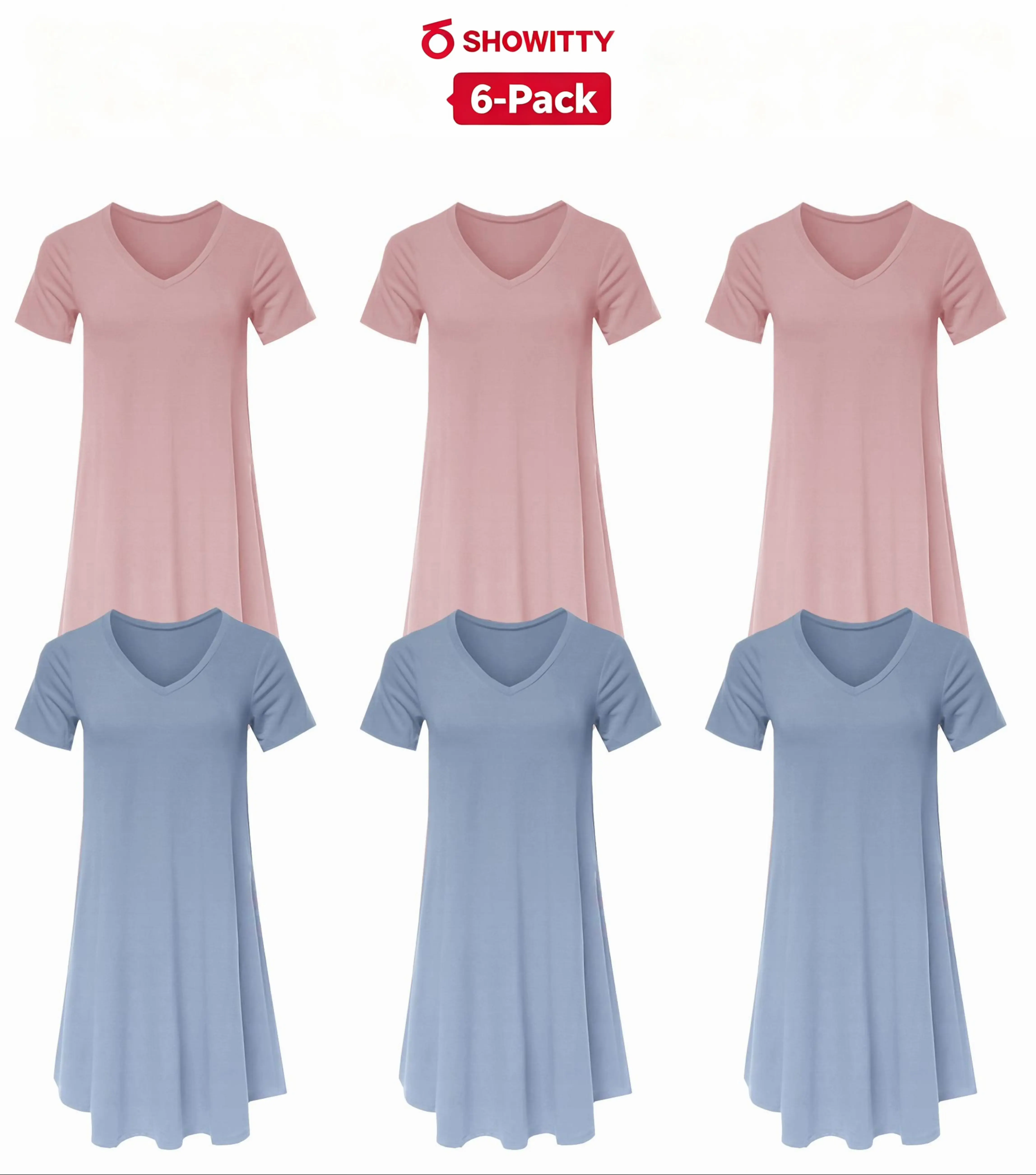 SHOWITTY Outlets 6-Pack Women's Casual T-Shirt Loungewear Dresses with Pockets, Clothing Short Sleeves Pajama Dress, Relaxed Swing Fit Summer