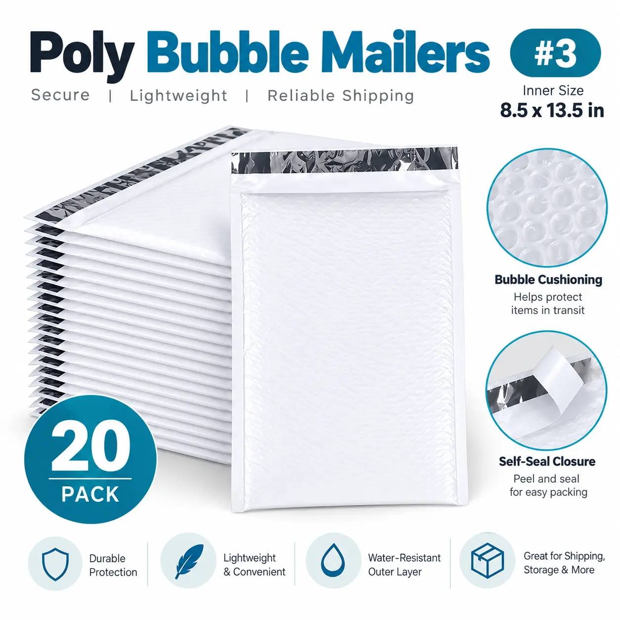 20 Pack#3 White Poly Bubble Mailers, 8.5 x 13.5 Inch Inner Size, Self Seal Padded Shipping Envelopes, Lightweight Cushioned Mailing Bags for Clothing, Books, Accessories, Gifts and Small Business