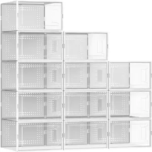 12 Pack X Large Shoe Organizer Storage Boxes for Closet Modular Space Saving Shoe Boxes Clear Plastic Stackable Sneaker Containers Display Case with Lids White