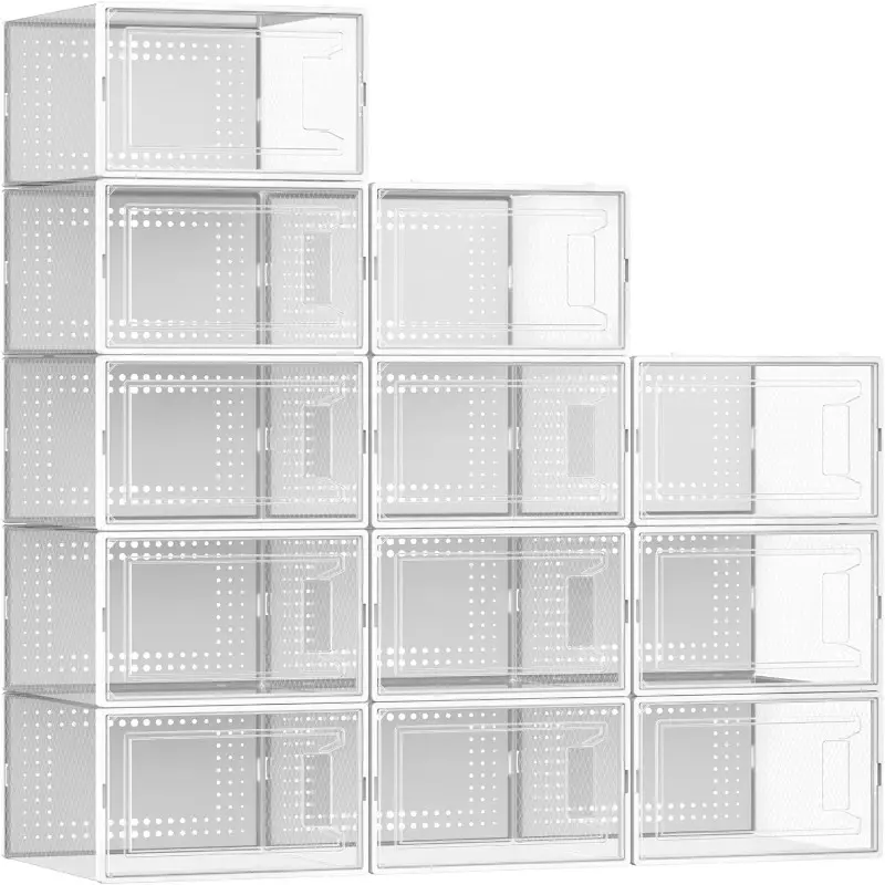 12 Pack X Large Shoe Organizer Storage Boxes for Closet Modular Space Saving Shoe Boxes Clear Plastic Stackable Sneaker Containers Display Case with Lids White