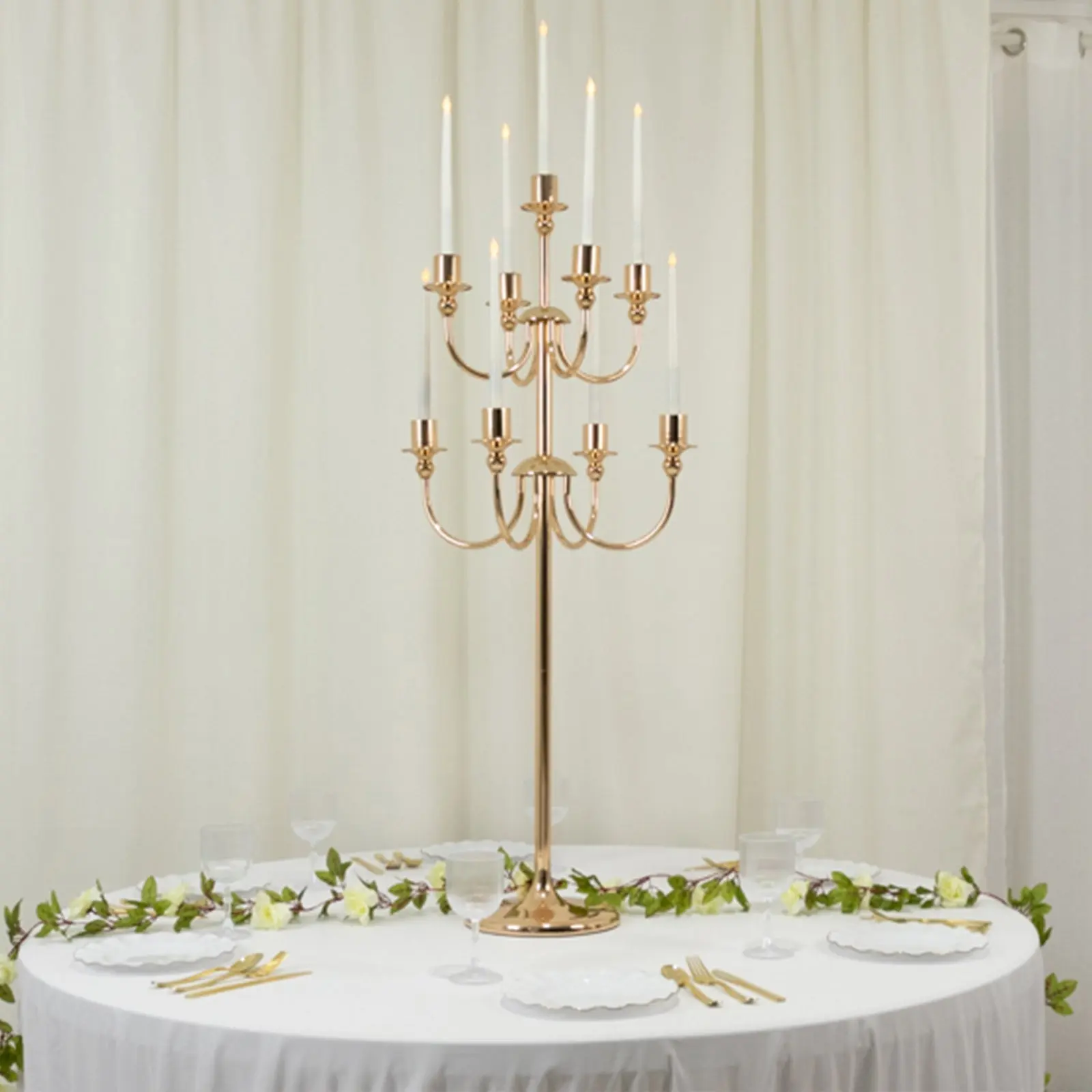 Gold Accent Metal Floor Candelabra, 9-Arm Vintage Taper Candle Holder, 46" Tall Table Centerpiece for Weddings, Parties, Gold Accent Candleholder