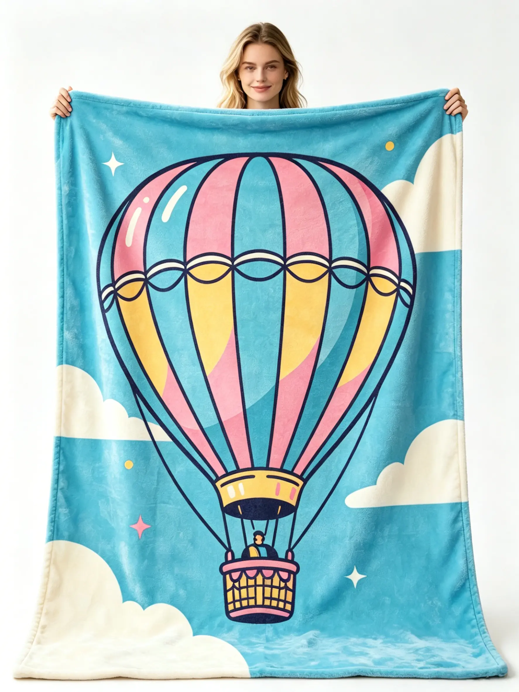 Cute Hot Air Balloon Flannel Throw Blanket, Soft Cozy Lightweight Bed Blanket, Cartoon Blue Sky Cloud Print Blanket, Warm Plush Blanket for Couch Bed Sofa, Kids Adults Gift, Home Decor