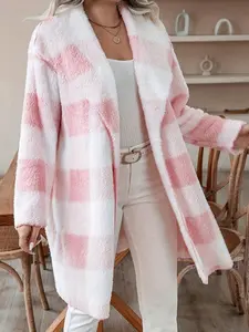 A set of women's casual pink and white checkered plush jackets Long Sleeve, suitable for autumn and winter, suitable for home, indoor, and outdoor wear