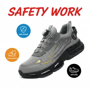 Durable Anti-Slip Safety Shoes Steel Toe Protection Men's Breathable Mesh Work Sneakers Comfort Fit All Seasons Casual Striped Design Elastic Closure Non-Slip EVA Sole Roofer Shoes