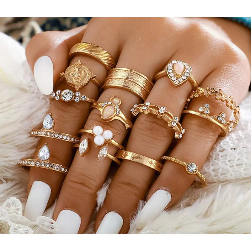 Women's 58pcs Golden Vintage Stackable Rings Set - Unique Pattern Costume Jewelry for Female Youth, Party Wear
