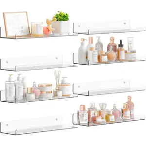 Yieach 8 Pack 15" Acrylic Shelves for Wall,Bathroom,Bedroom - with Adhesive - No Drilling Clear Floating Shelves for Funko Pop,Lego,Action Figures,Nail Polish,Perfume Shelf and Wall Storage & Display