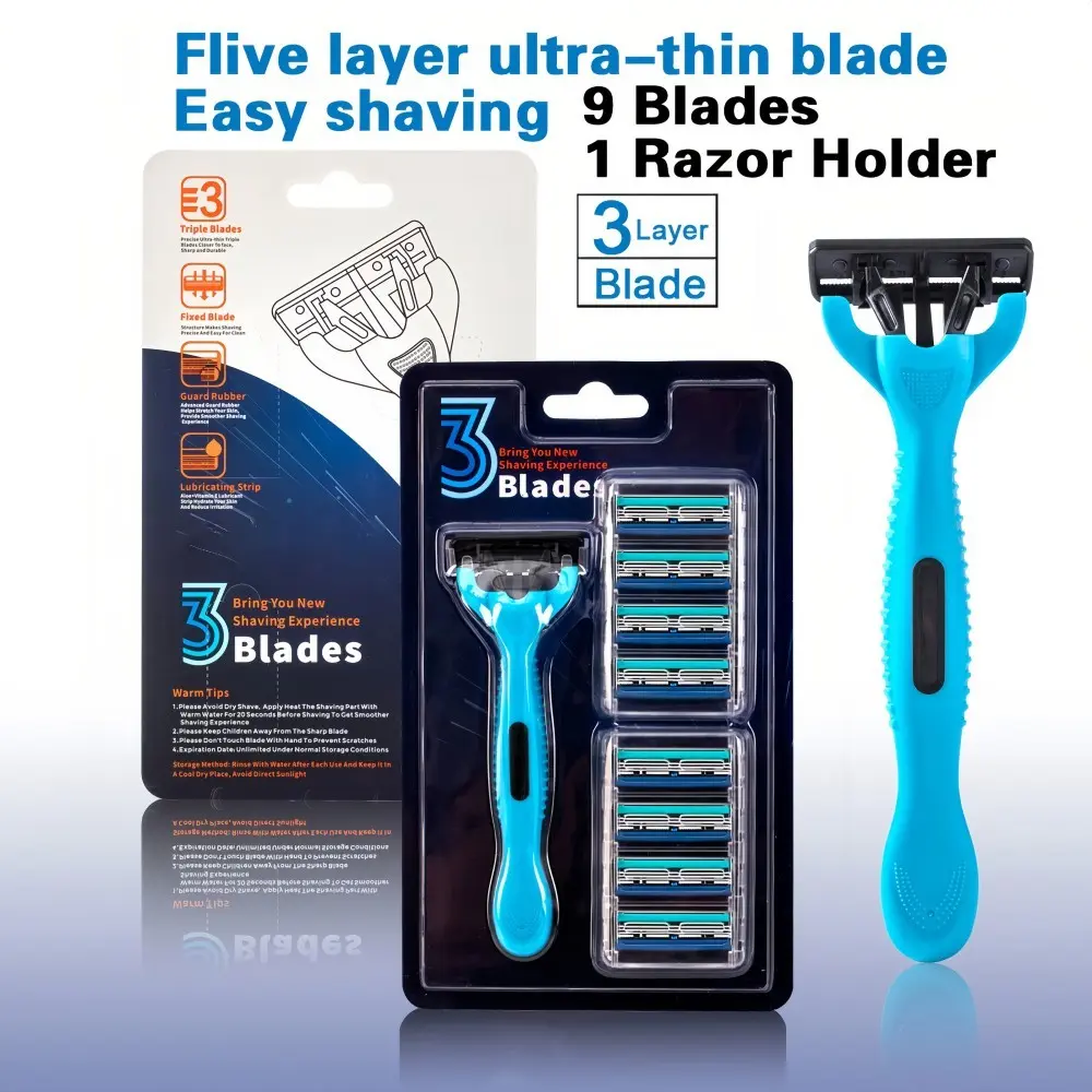 Men's Unscented Shaving Razor Set - Ergonomic Handle, Balanced Grip, 9 Durable 3-Layer Stainless Steel Rust-Resistant Blade Refills with Flexible Head for Smooth Nick-Free Face Shave, All Adult Skin Types, Adults, Clean Shave