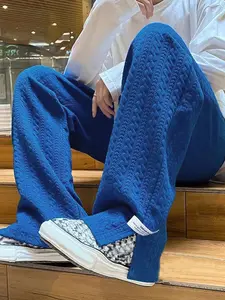 Men's Solid Color Patched Drawstring Waist Pants, Street Fashion Casual Pocket Split Hem Trousers for Daily Wear, Men's Bottoms for Fall & Winter, Casual Loose Fit