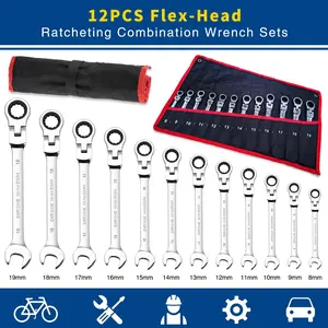 Ratcheting Wrench Set Flex Head, 12 Piece MetricCombination Ratchet Wrench kit, 8mm - 19mm ChromeVanadium Steel Wrenches,Gift