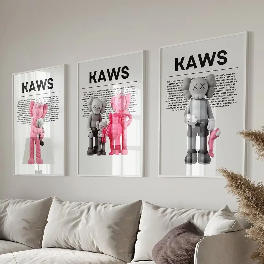 Hypebeast Kaws Posters Set of 3 Black Grey Pink Wall Art Poster Prints