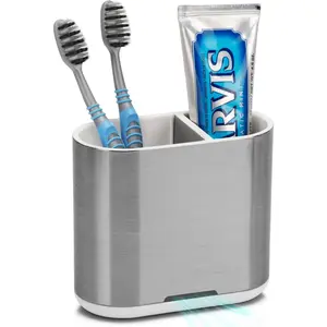 Modern 2-Slot Bathroom Toothbrush and Toothpaste Holder - Rustproof Plastic, Portable, with Divider, Drainage, Brushed Silver Countertop Storage Caddy for Family Use