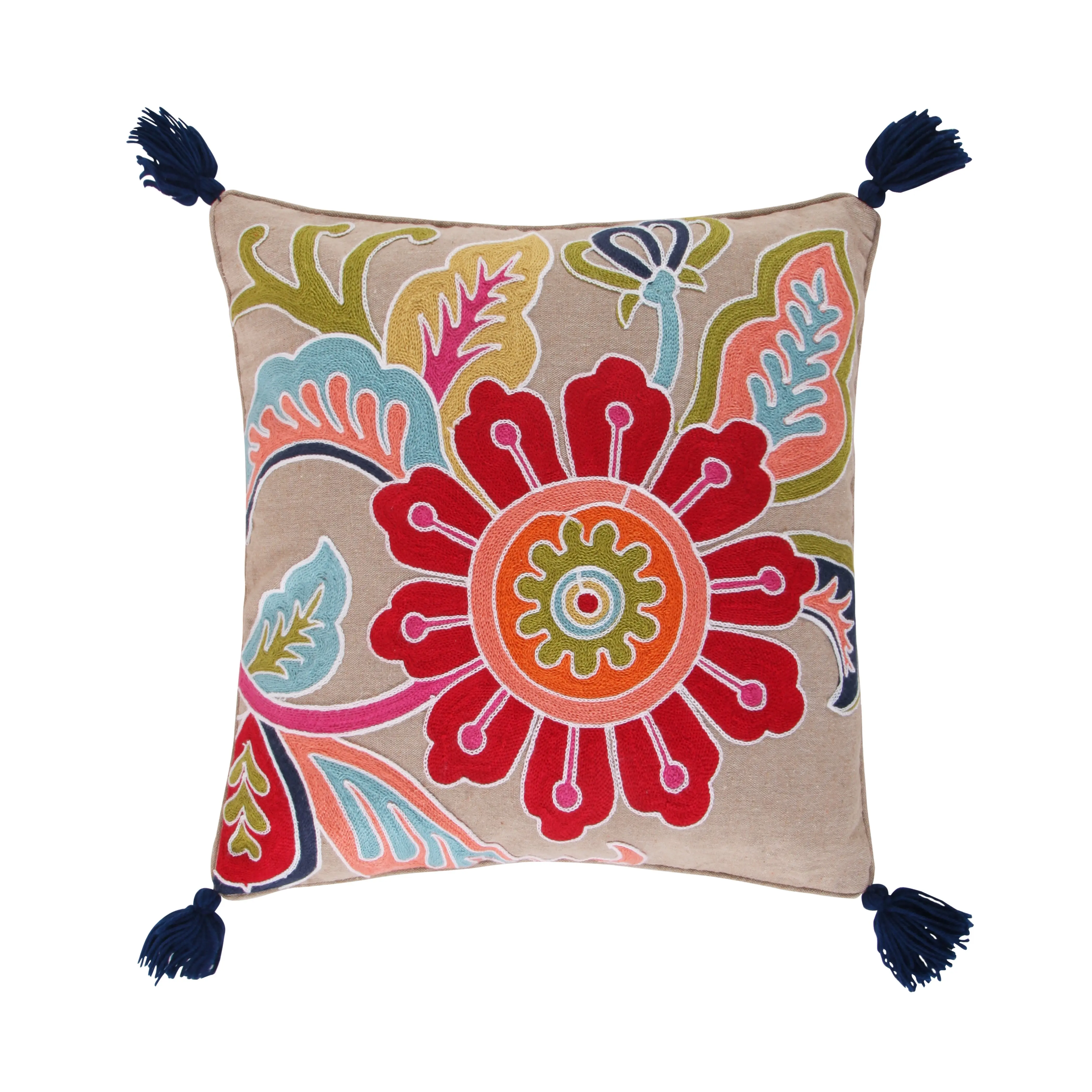 Jules Crewel Embroidery Flower Motif Tasseled Corners Feather Fill Decorative Cushion - Versatile Jules Bedding Accessory, Accent Pillow for Home Decoration