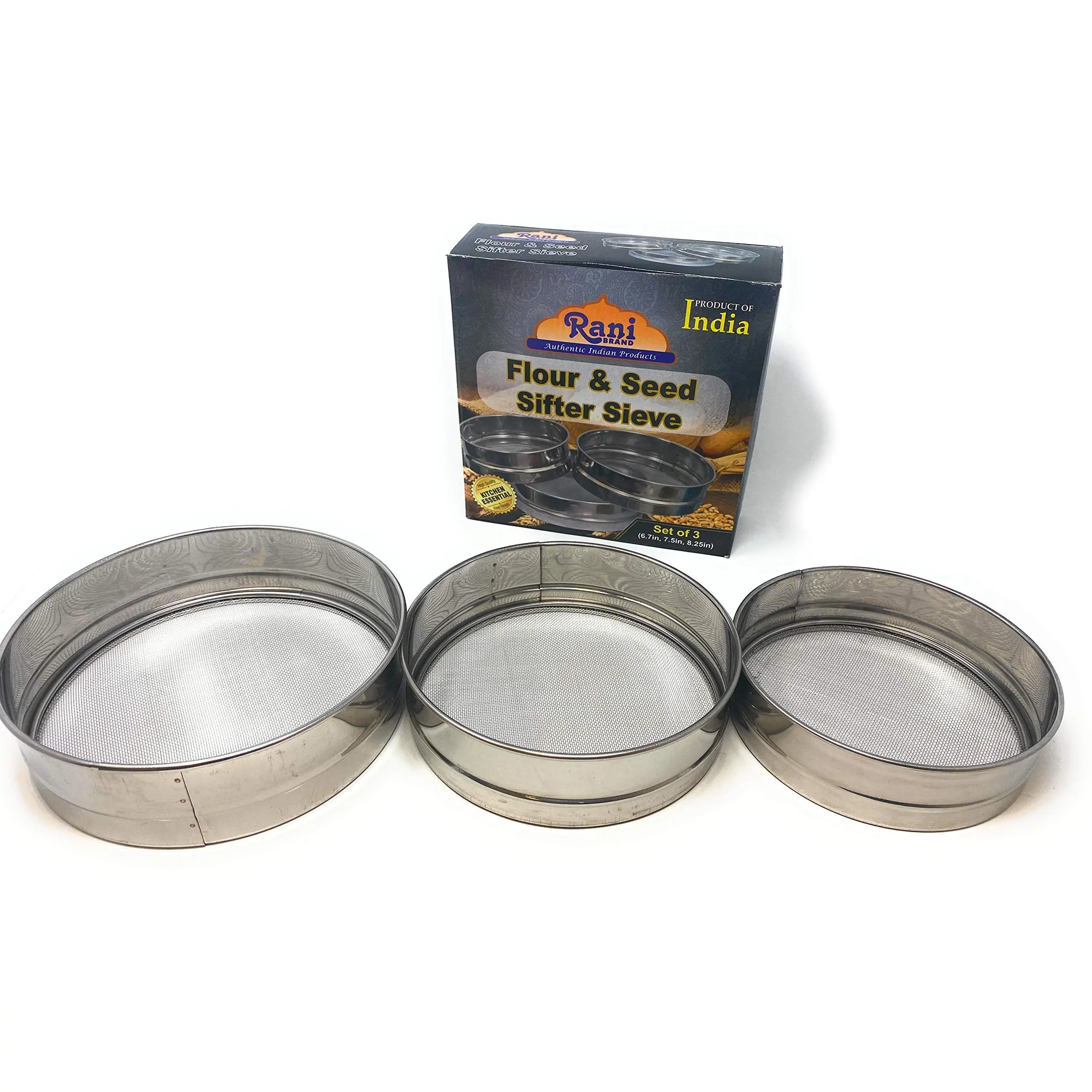 Stainless Steel Sieve ~ Set of 3 ~ for Flours, Seeds, Beans & Lentils - Sizes 6.7", 7.5", 8.25" by Rani Brand