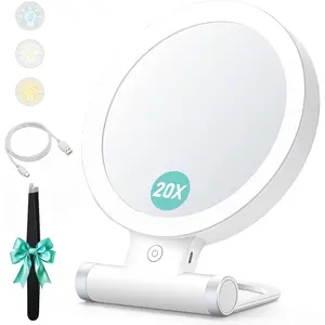 B Beauty Planet Magnifying Mirror with Light 20X/1X,Double Sided Tabletop Mirror with Adjustable Folding Handle,Cosmetic Mirror for Makeup/Travel, Tweezing, and Blackhead/Blemish Removal (9"L x 7"W)