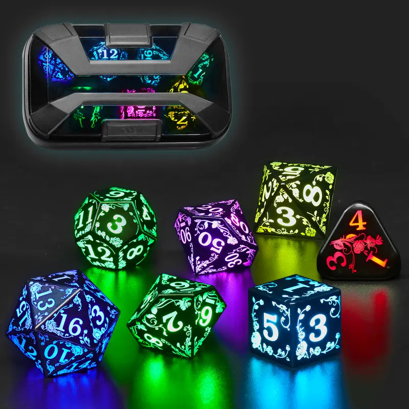 FONVGOGO 7-Piece RGB Wireless Rechargeable Light-Up Polyhedral Dice Set with RGB Lights, Wireless Charging, No Pins, PVC-Free, Charging Box, Stylish Gift Box for D&D Tabletop RPGs, D&D Lovers, Parties