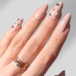 Nude Diamonds Press-On Nails - Almond Shape with Rhinestone Accents & Glossy Finish - Perfect for Elegant Events & Everyday Chic - Complete Press-On Kit Included