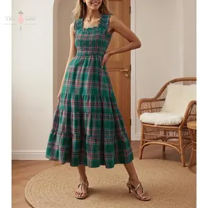 Women Sleeveless Dress Summer Casual Plaid Print Ruffled A-Line Party Dress for Beach Club Streetwear Cotton Fashion Cocktail Polyester