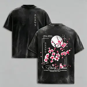 Menswear Men's 100% Washed Round Neck Short-Sleeve Tee, Loose Knit Fabric with Cherry Blossom & Japanese Lettering Print, Casual Streetwear Acid Wash Good Graphic Tees, Unisex Pink Men's T Shirts for Spring Summer