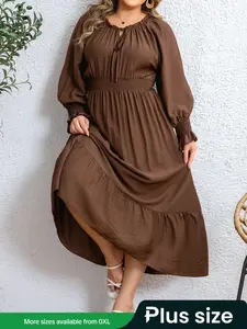 Plus Size Women Fall New Arrival Casual Long Sleeve Dress, Elegant Round Neckline, Waist Tie Design, Modest Woven Fabric, Perfect for Daily Wear
