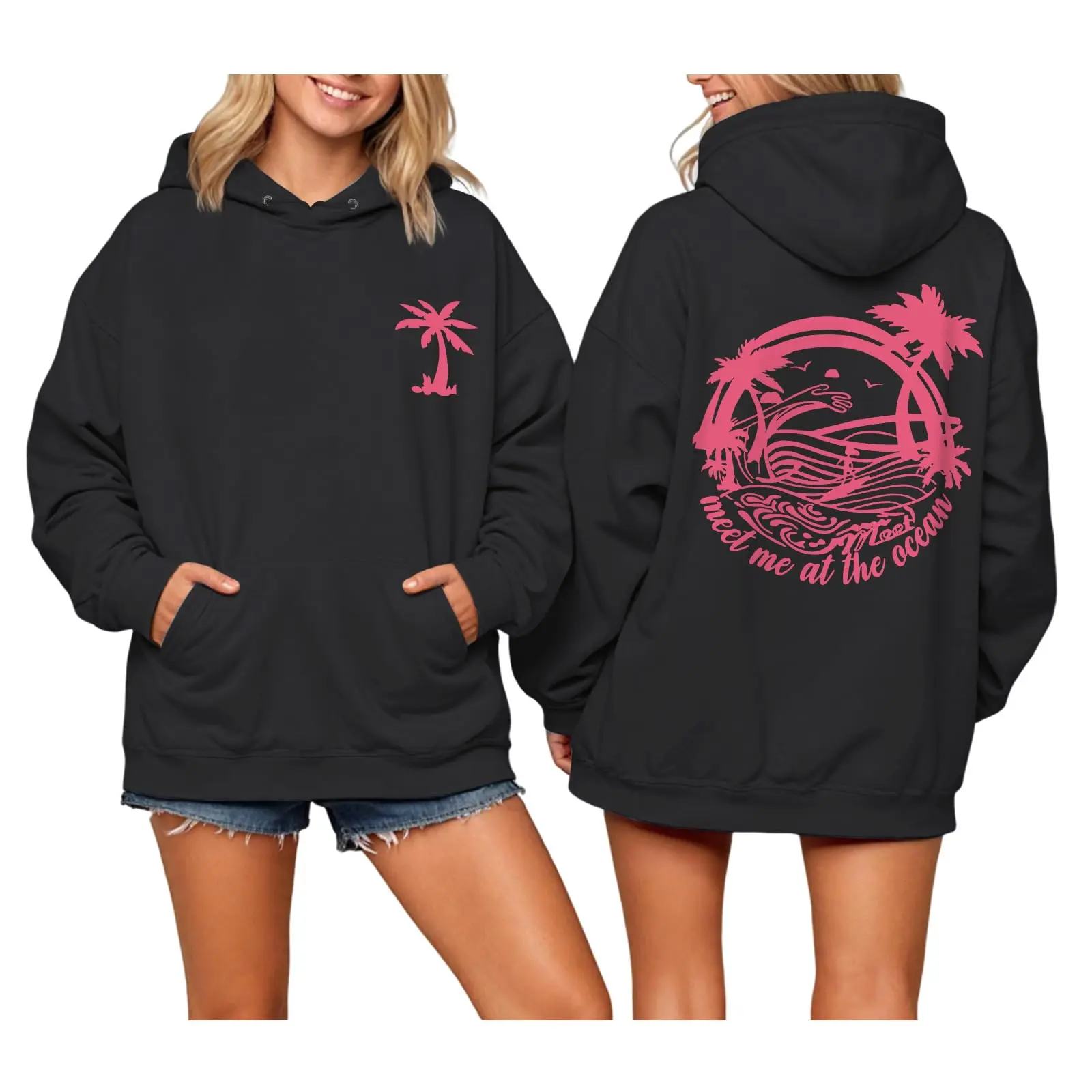 Cute Palm Hoodies For Women Oversized Graphic Sweatshirt Baggy Aesthetic Ocean Hoodie Y2k Trendy Preppy Clothes