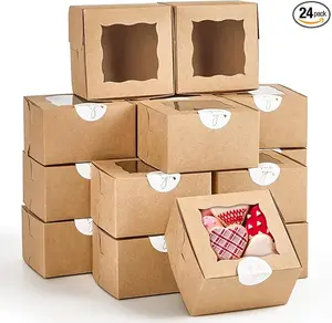 24pcs Small Cookie Boxes with Window, 4x4x2.5 Inch Kraft Bakery Boxes with Stickers Dessert Treat Containers for Pastry Mini Cake Strawberry Donut Individual Cupcake