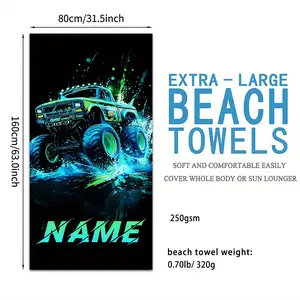 1pc Custom Name Beach Towel, Monster Truck Graffiti Style, Microfiber, Lightweight, Quick-, Summer Beach Sandproof Blanket, Large Pool  beach towel , Perfect for Family Outings, Picnics, Beach Days, and Waterfront Group Activities