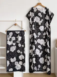 Elegant Long Robe Set with Multicolor Floral Print Shawl, Moomoo Dress + Headscarf Silk Scarf, Boho Style Beachwear for All Seasons