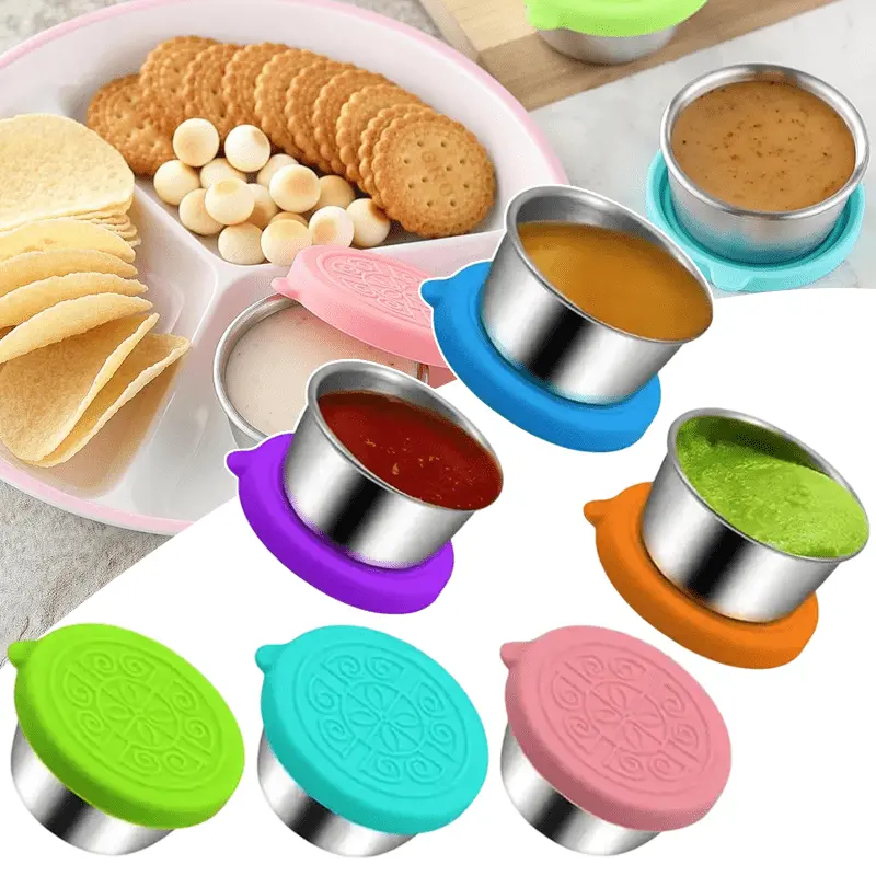 6pcs Stainless Steel Salad Dressing Shaker Containers - 2.56 in, 2.36 oz Leakproof Silicone Lid Round Cups, Reusable Bento Box & Picnic Portable Kitchenware, Salad Dressing Shakers, Nuts & Snacks Too, Travel‑Ready Jars