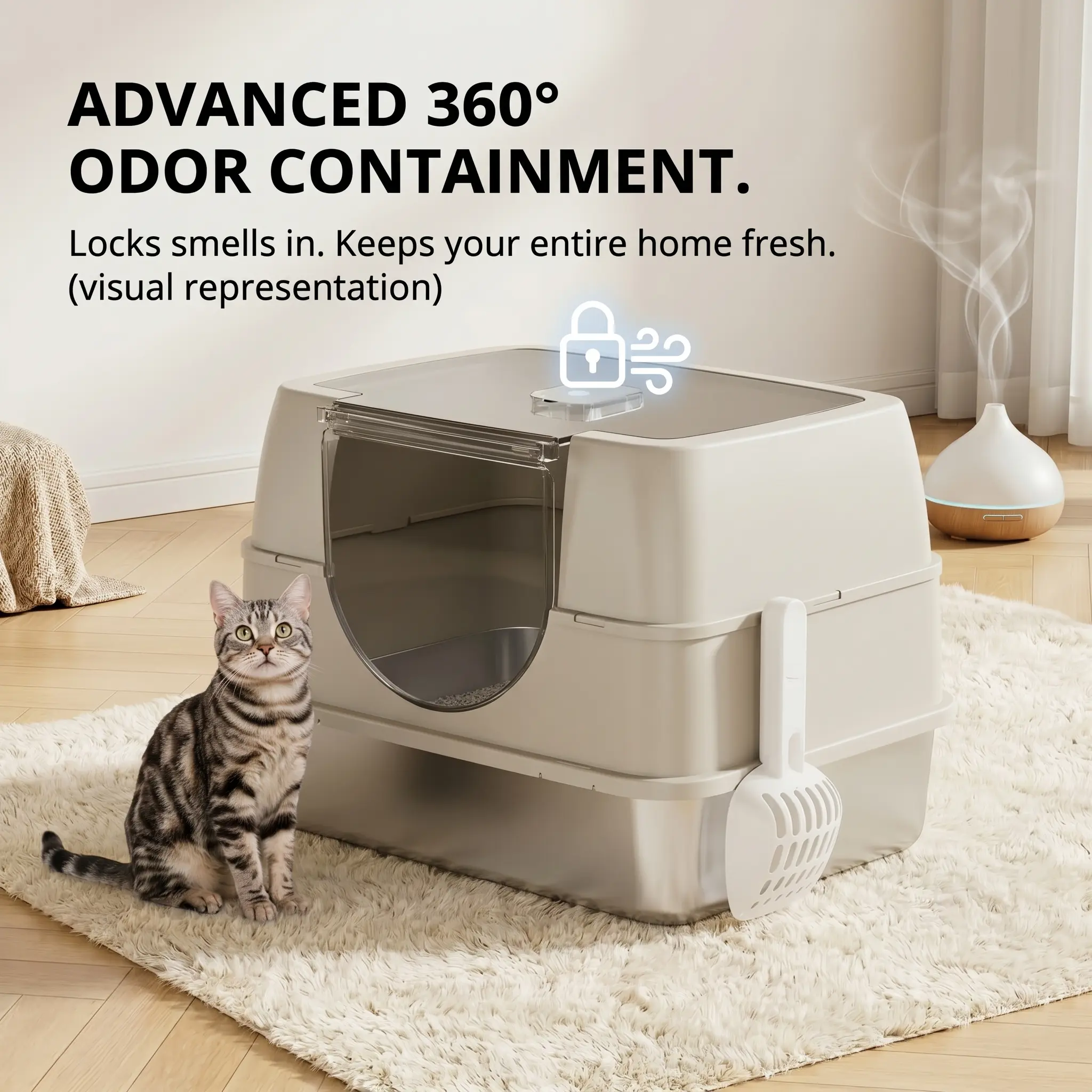 Beige Minimalist Stainless Steel Covered Litter Box - Modern Home Style, Modular Enclosed Design, Antibacterial Non-Stick Tray, Flip-Top Odor Control, Extra Large 23.6in*13.8in/60Cm * 35Cm * 35Cm, Fit Indoor Use