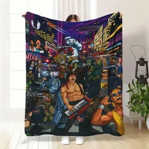 Retro 80S Style Flannel Blanket Vintage Synthwave Neon Pop Soft Warm Throw For Couch Bed All Season Modern Digital Print Machine Washable Gift