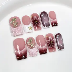 MAGIC NAILS Fall Winter Press-on Nails Nude Pink to Burgundy Ombre 3D Floral Carving Blush Effect Luxury Handmade False Nails