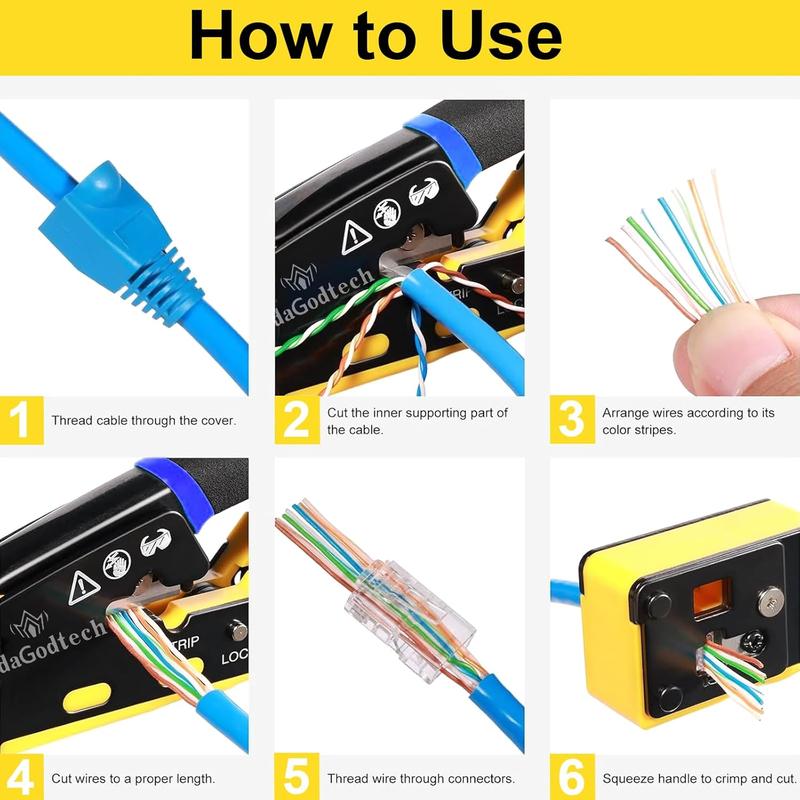 daGodtech RJ45 Ethernet Network Tool Kit Pass Through Cat6 Crimping Tool for RJ45 RJ11 RJ12 Cat5e Cat7 Cat8 Ethernet Cable Tester Stripper Crimper Tool Set with 40 Connectors & Boots Included Battery